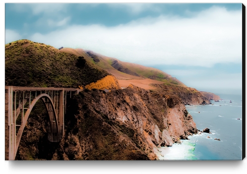 bridge with green mountain and ocean view at Bixby Bridge, Big Sur, California, USA Canvas Print by Timmy333