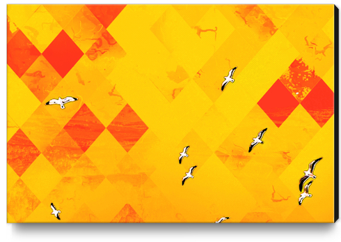 flying birds with red and yellow geometric pixel pattern background Canvas Print by Timmy333