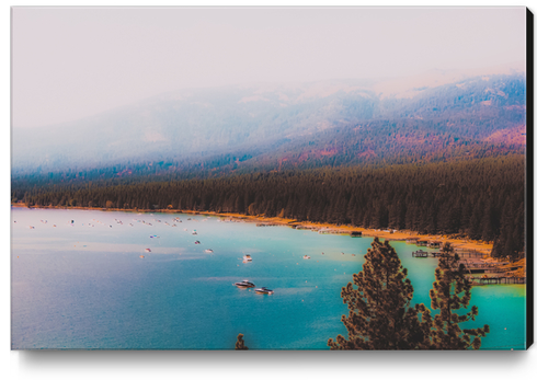 At Lake Tahoe Nevada USA with boat on the water and mountain view Canvas Print by Timmy333