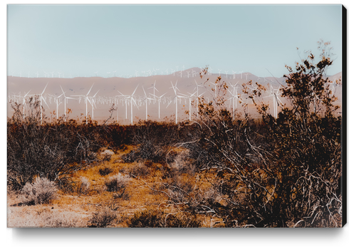 Desert and wind turbine with mountain background at Kern County California USA Canvas Print by Timmy333