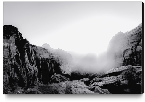 Mountain with sunlight at Zion national park Utah USA in black and white Canvas Print by Timmy333