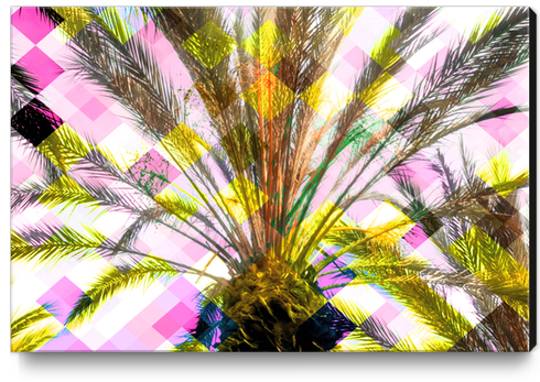 palm tree with geometric pixel square pattern abstract in pink yellow Canvas Print by Timmy333