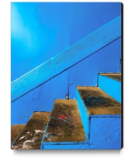 blue and brown old wood stairs with blue wall background Canvas Print by Timmy333