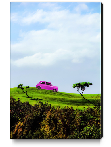 pink classic car on the green mountain with cloudy blue sky Canvas Print by Timmy333