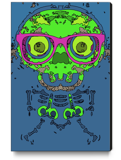 green funny skull art portrait with pink glasses and blue background Canvas Print by Timmy333