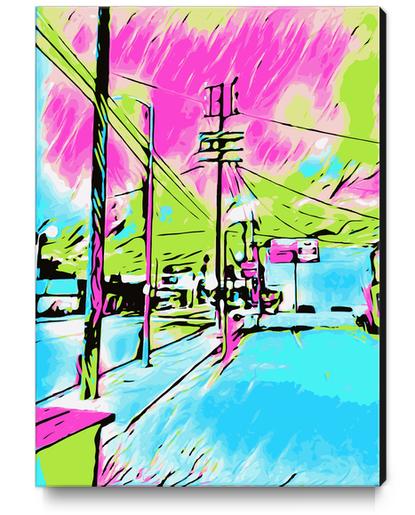 drawing and painting blue city with pink and green sky Canvas Print by Timmy333