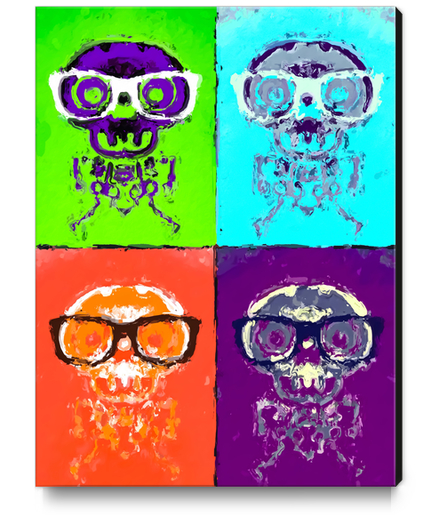 funny skull and bone with glasses with green blue orange and purple background Canvas Print by Timmy333