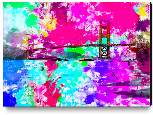 Golden Gate bridge, San Francisco, USA with pink blue green purple painting abstract background Canvas Print by Timmy333