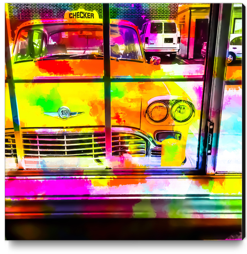 yellow classic taxi car with colorful painting abstract in pink orange green Canvas Print by Timmy333