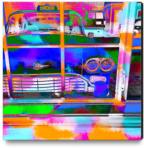 blue classic taxi car with painting abstract in green pink orange  blue Canvas Print by Timmy333