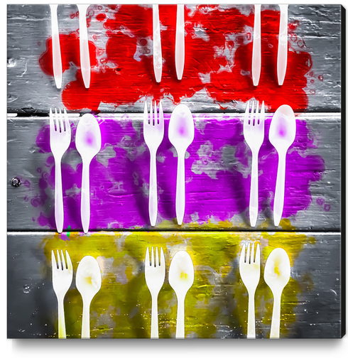 fork and spoon with splash painting texture abstract background in pink red yellow Canvas Print by Timmy333