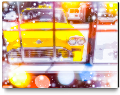 yellow classic taxi car with colorful bokeh light abstract background Canvas Print by Timmy333