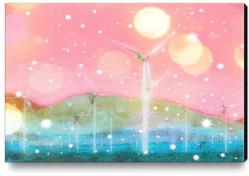 wind turbine in the desert with snow and bokeh light background Canvas Print by Timmy333