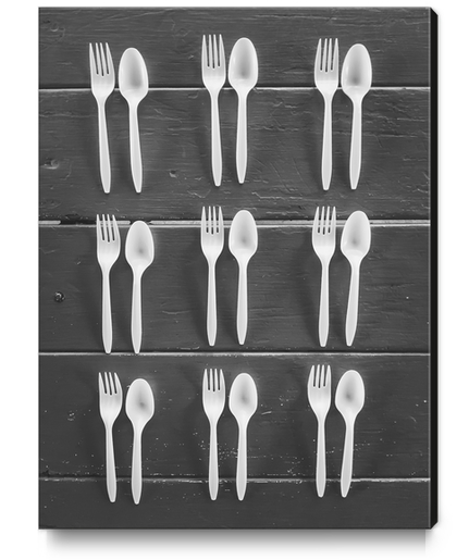 forks and spoons with wood background in black and white Canvas Print by Timmy333