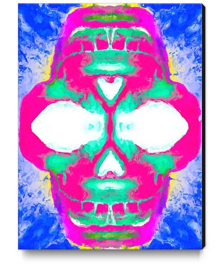 painting pink smiling skull head with blue and yellow background Canvas Print by Timmy333