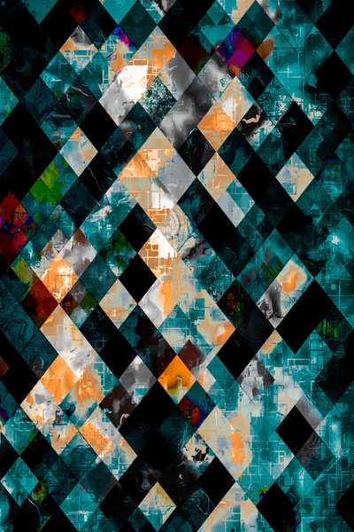 geometric pixel square pattern abstract art in blue green orange brown by Timmy333