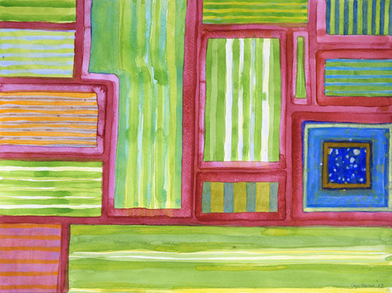 2013. Green Striped Fields with Blue Square  by Heidi Capitaine