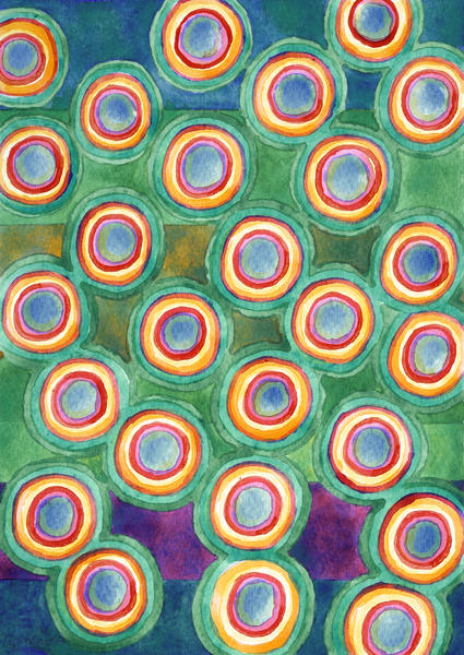 Multicolorful Circles in Front of Horizontal Stripes  by Heidi Capitaine