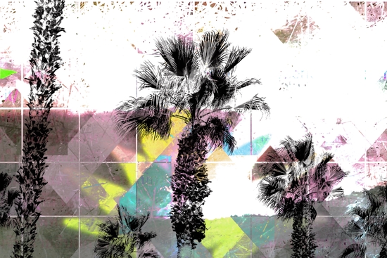 palm tree with geometric pixel square pattern abstract in pink yellow blue by Timmy333