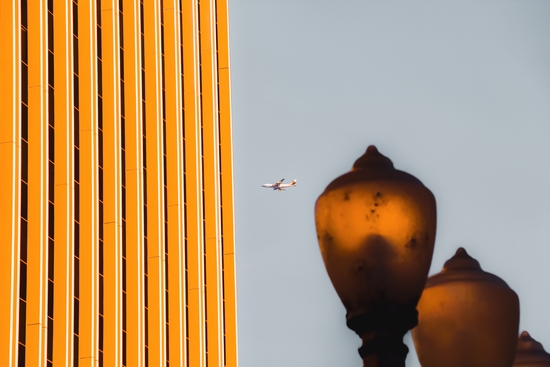 Urban Light with building and airplane at LACMA Los Angeles California USA by Timmy333