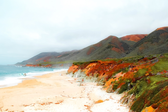 sandy beach and mountain at Big Sur, Highway 1, California, USA by Timmy333