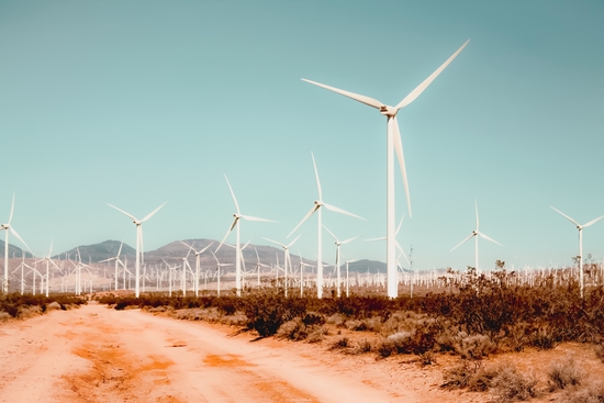 Wind turbine farm in the desert at Kern County California USA by Timmy333