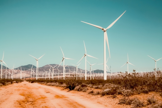 Wind turbine farm in the desert at Kern County California USA by Timmy333