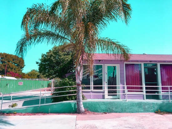 pink building in the city with palm tree and blue sky by Timmy333