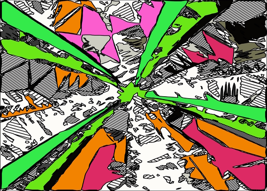 geometric splash drawing and painting abstract background in green orange pink red by Timmy333