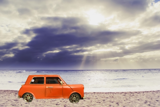 orange classic car on the sandy beach with beautiful sky and beach background by Timmy333