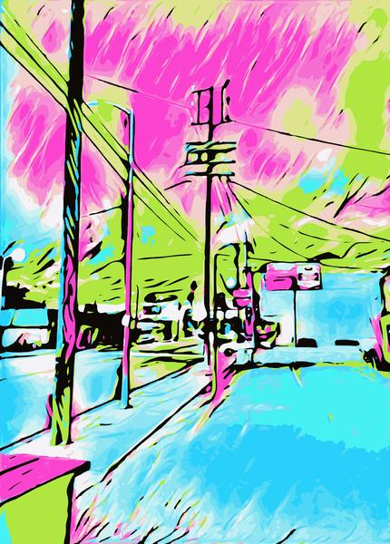 drawing and painting blue city with pink and green sky by Timmy333