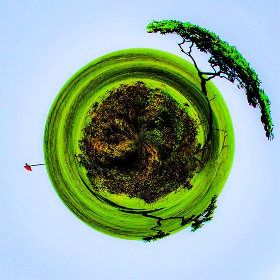 golf course with trees and blue sky in small planet style by Timmy333