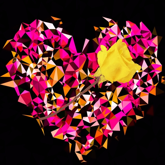 geometric polygon heart shape pattern abstract in pink orange with yellow rose by Timmy333