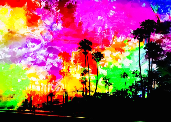 palm tree at the California beach with colorful painting abstract background by Timmy333