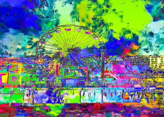 ferris wheel and buildings at Santa Monica pier, USA with colorful painting abstract background by Timmy333