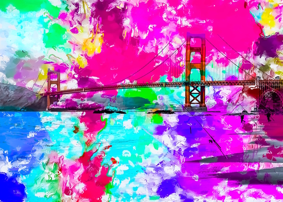 Golden Gate bridge, San Francisco, USA with pink blue green purple painting abstract background by Timmy333
