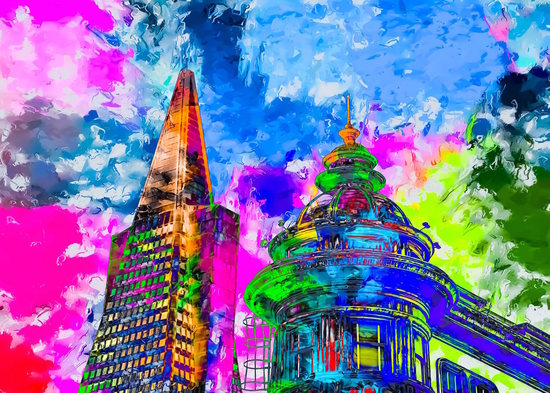 pyramid building and classic building exterior at San Francisco, USA with colorful painting abstract background by Timmy333