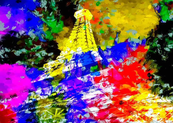 Eiffel Tower, France at night with colorful painting abstract background by Timmy333