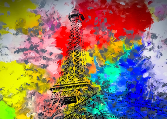 Eiffel Tower at Paris hotel and casino, Las Vegas, USA,with red blue yellow painting abstract background by Timmy333