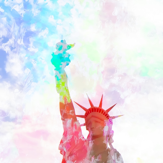 Statue of Liberty with colorful painting abstract background in red pink blue yellow by Timmy333