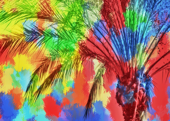 isolate palm tree with painting abstract background in red blue green yellow by Timmy333