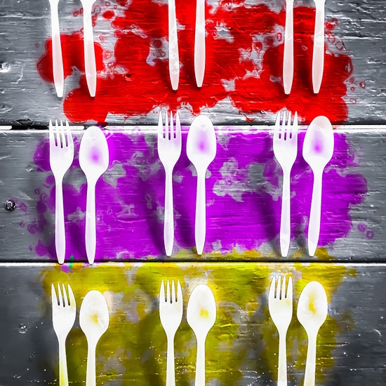 fork and spoon with splash painting texture abstract background in pink red yellow by Timmy333