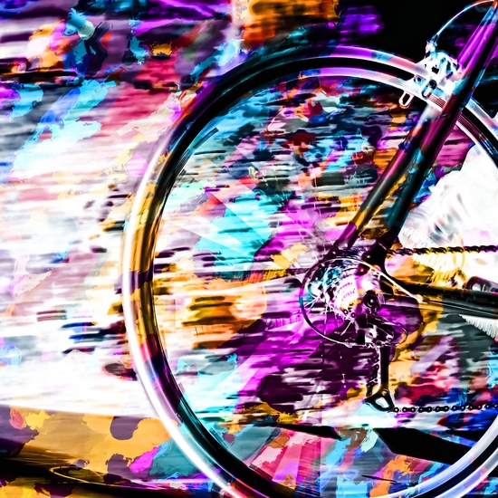 bicycle wheel with colorful abstract background in pink blue orange by Timmy333