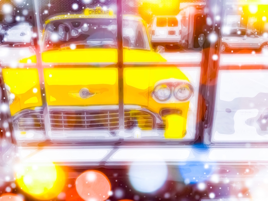 yellow classic taxi car with colorful bokeh light abstract background by Timmy333