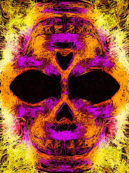 psychedelic angry skull portrait in pink orange yellow by Timmy333