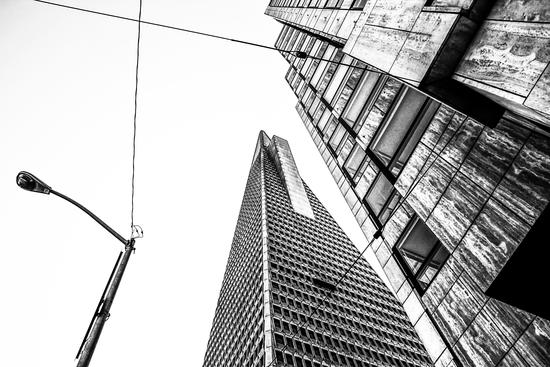 pyramid building and modern building in black and white at San Francisco, USA by Timmy333