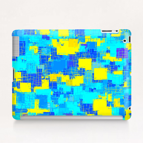 geometric square pixel pattern abstract in blue and yellow Tablet Case by Timmy333