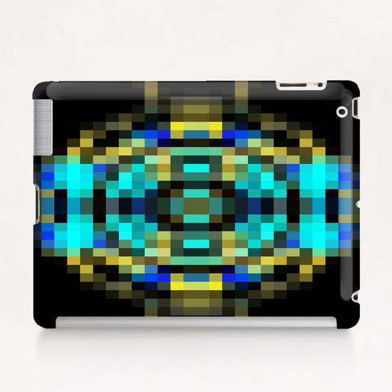 geometric square pixel abstract in blue and yellow with black background Tablet Case by Timmy333