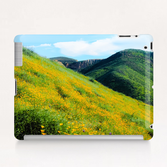 yellow poppy flower field with green leaf and green mountain and cloudy blue sky in summer Tablet Case by Timmy333