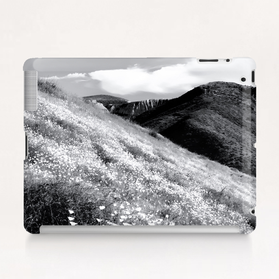poppy flower field with mountain and cloudy sky background in black and white Tablet Case by Timmy333